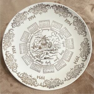 1954 Calendar Plate White Gold Collectible 10” Featuring Windmill and Boats
